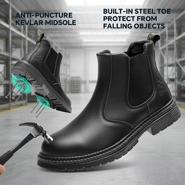 SPIEZ Men's Steel Toe Chelsea Safety Boots, Non-Slip Waterproof Welding 6-inch Work Boots, Lightweight Puncture-Proof Leather Shoes – Black Size 10