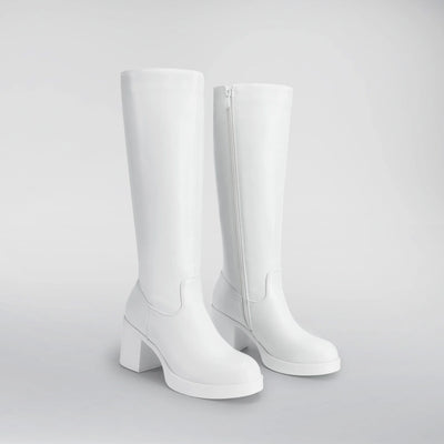 BURUDANI Womens Knee-High Block Heel Boots with Round Toe and Smooth PU Upper