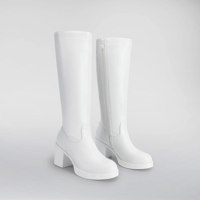 BURUDANI Womens Knee-High Block Heel Boots with Round Toe and Smooth PU Upper